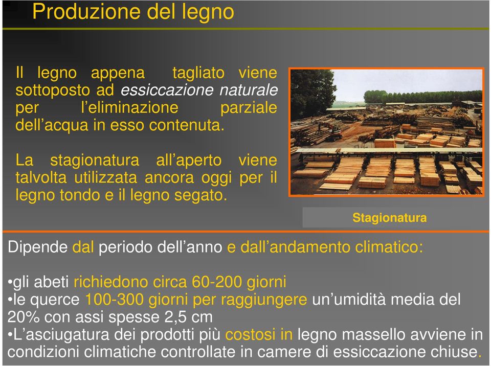 Stagionatura Dipende dal periodo dell anno e dall andamento climatico: gli abeti richiedono circa 60-200 giorni le querce 100-300 giorni per