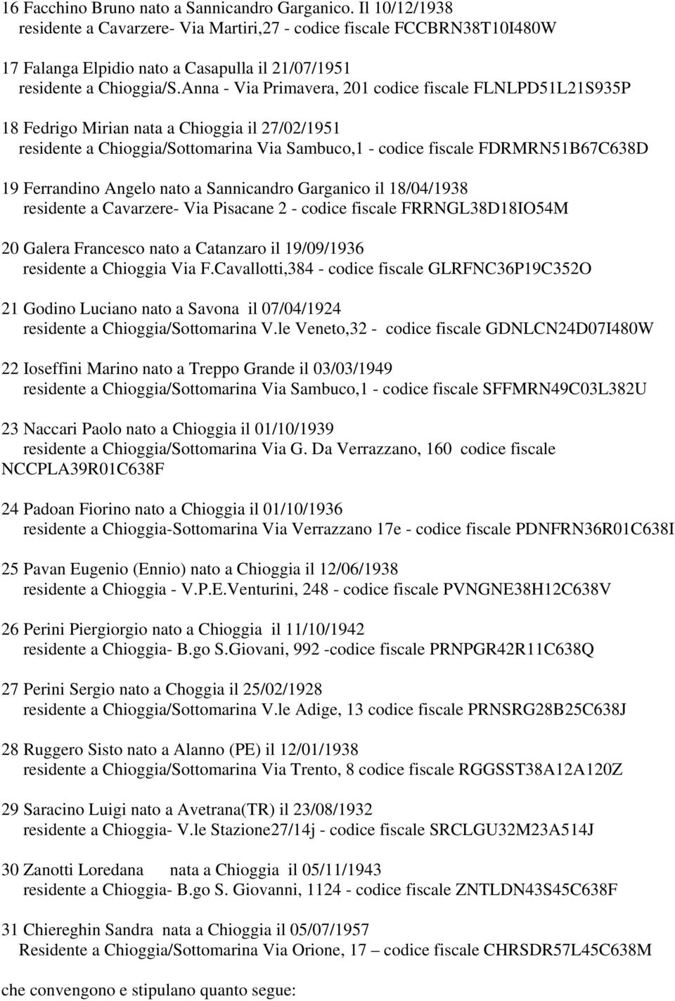 Anna - Via Primavera, 201 codice fiscale FLNLPD51L21S935P 18 Fedrigo Mirian nata a Chioggia il 27/02/1951 residente a Chioggia/Sottomarina Via Sambuco,1 - codice fiscale FDRMRN51B67C638D 19