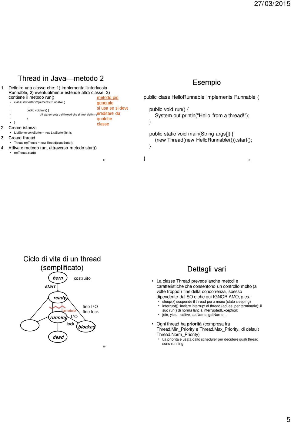 si deve public void run() { gli statements del thread che si vuol definire 2. Creare istanza ListSorter concsorter = new ListSorter(list1); 3.
