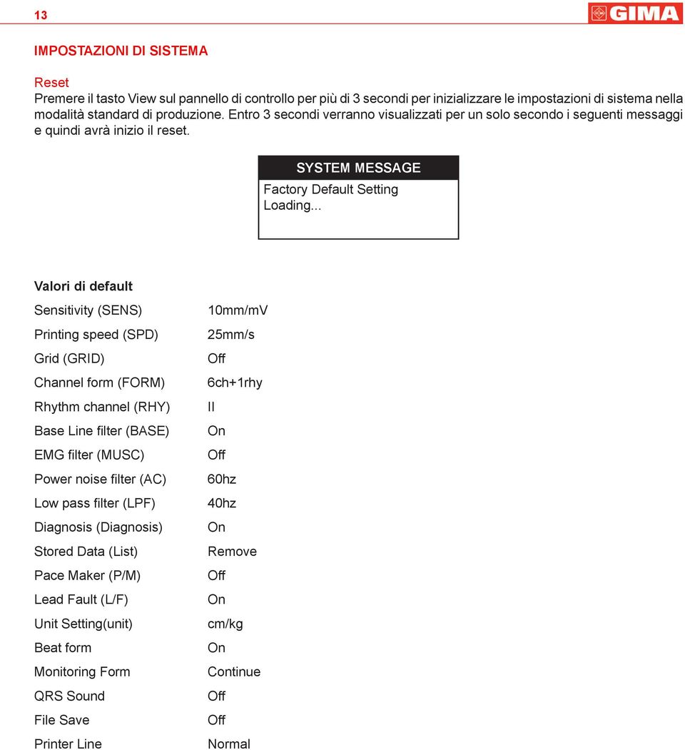 .. Valori di default Sensitivity (SENS) Printing speed (SPD) Grid (GRID) Channel form (FORM) Rhythm channel (RHY) Base Line filter (BASE) EMG filter (MUSC) Power noise filter (AC) Low pass filter