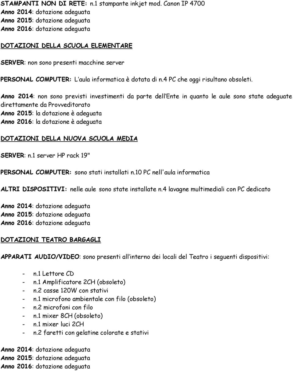 Anno 2014: non sono previsti investimenti da parte dell Ente in quanto le aule sono state adeguate direttamente da Provveditorato Anno 2015: la dotazione è adeguata Anno 2016: la dotazione è adeguata