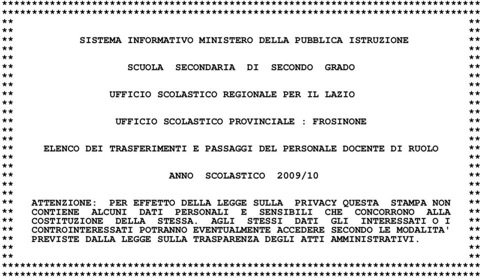 FROSINONE ** ** ** ** ** ** ELENCO DEI TRASFERIMENTI E PASSAGGI DEL PERSONALE DOCENTE DI RUOLO ** ** ** ** ** ** ANNO SCOLASTICO 2009/10 ** ** ** ** ** ** ATTENZIONE: PER EFFETTO DELLA LEGGE SULLA