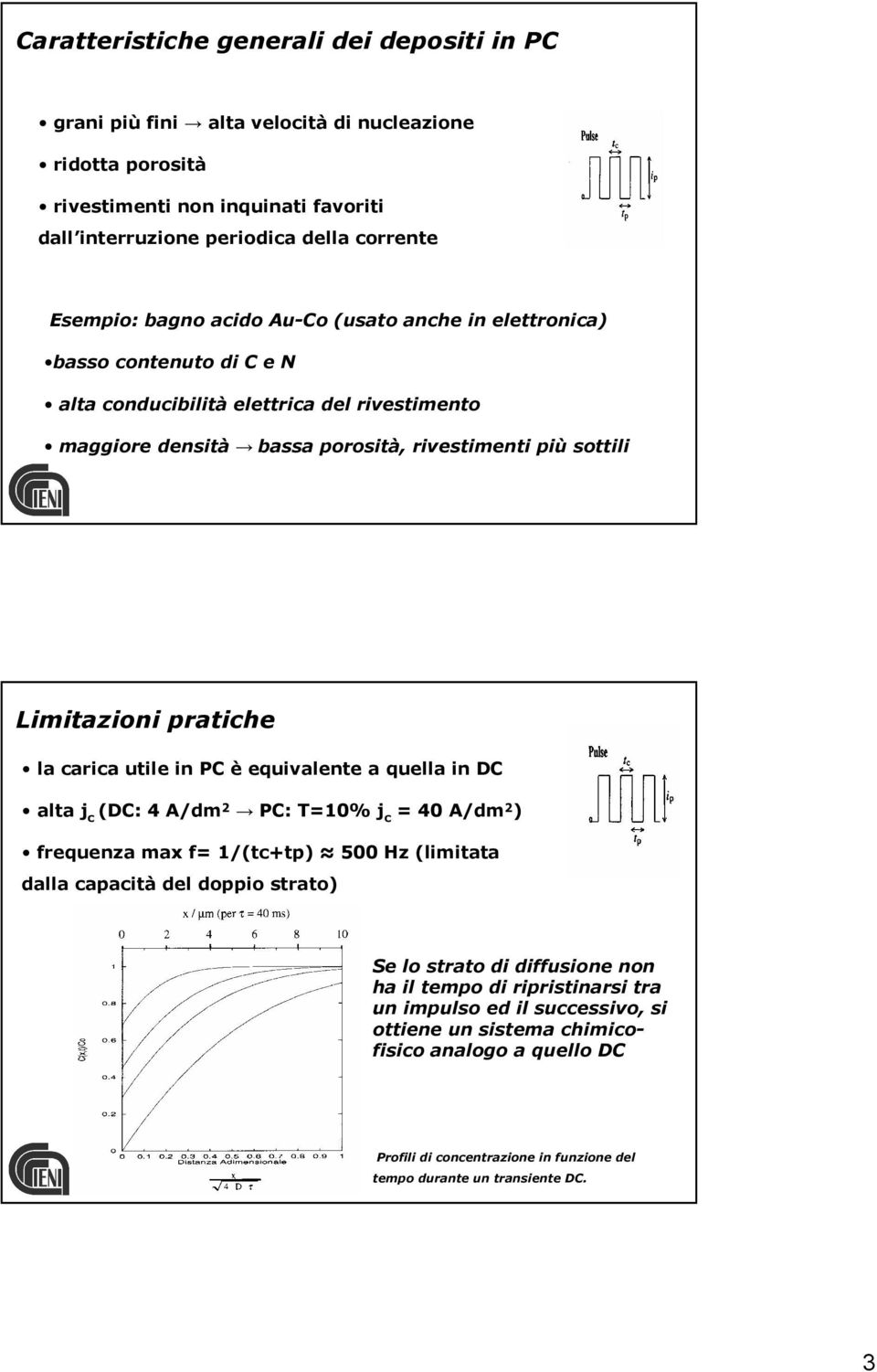 carica utile in PC è equivalente a quella in DC alta j c (DC: 4 A/dm 2 PC: T=10% j c = 40 A/dm 2 ) frequenza max f= 1/(tc+tp) 500 Hz (limitata dalla capacità del doppio strato) Se lo strato di