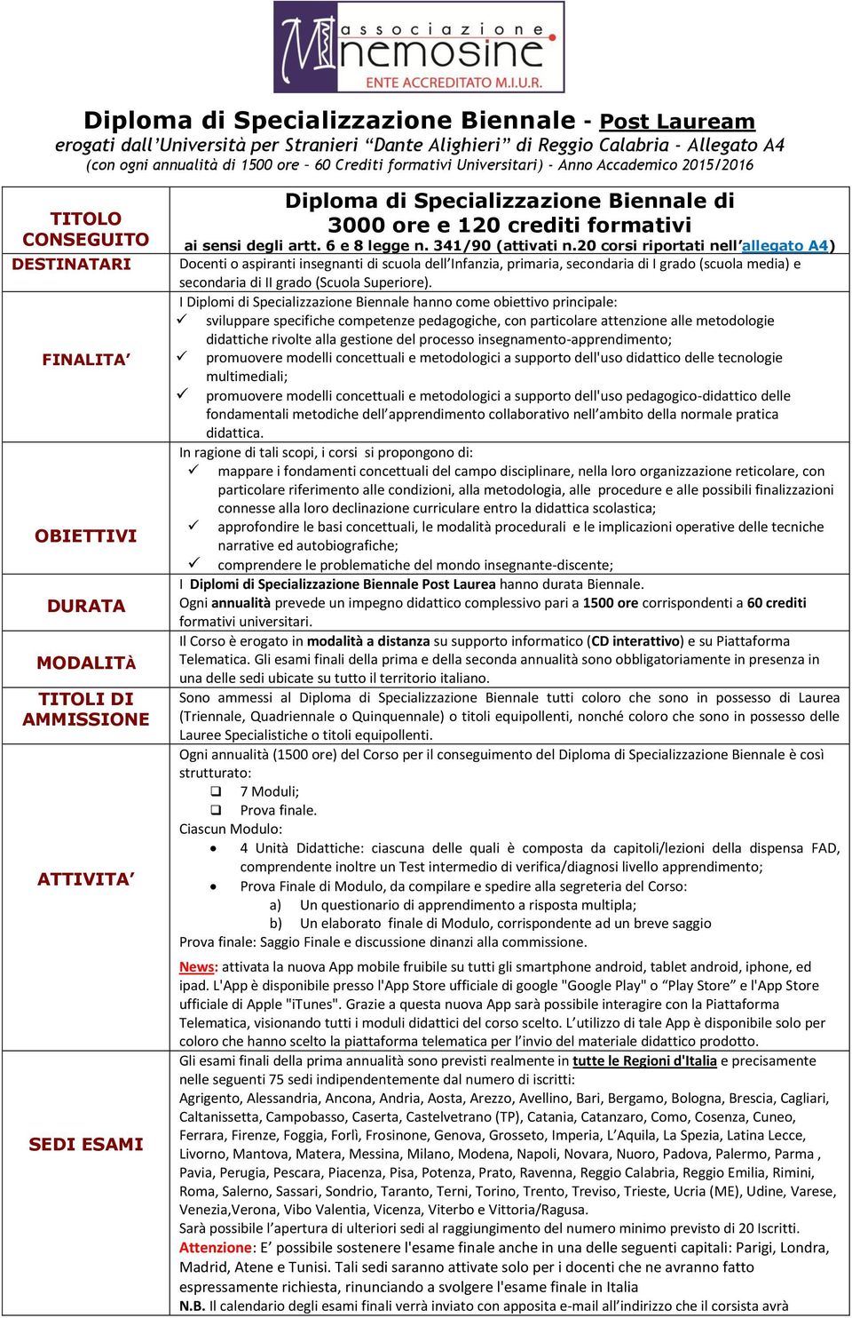 120 crediti formativi ai sensi degli artt. 6 e 8 legge n. 341/90 (attivati n.