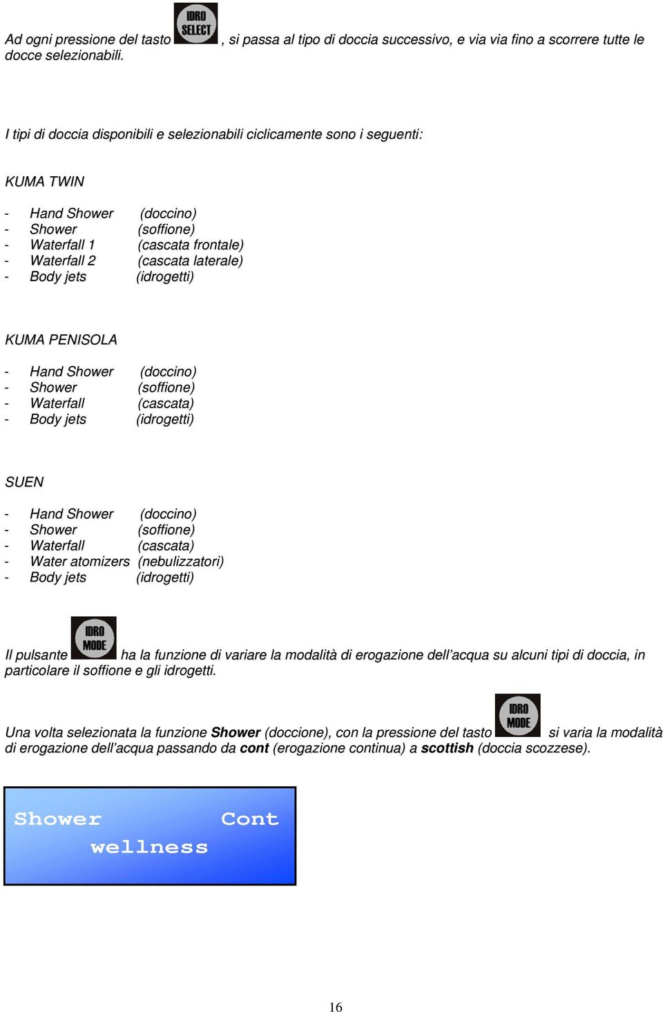 (soffione) - Waterfall 1 (cascata frontale) - Waterfall 2 (cascata laterale) - Body jets (idrogetti) KUMA PENISOLA - Hand Shower (doccino) - Shower (soffione) - Waterfall (cascata) - Body jets