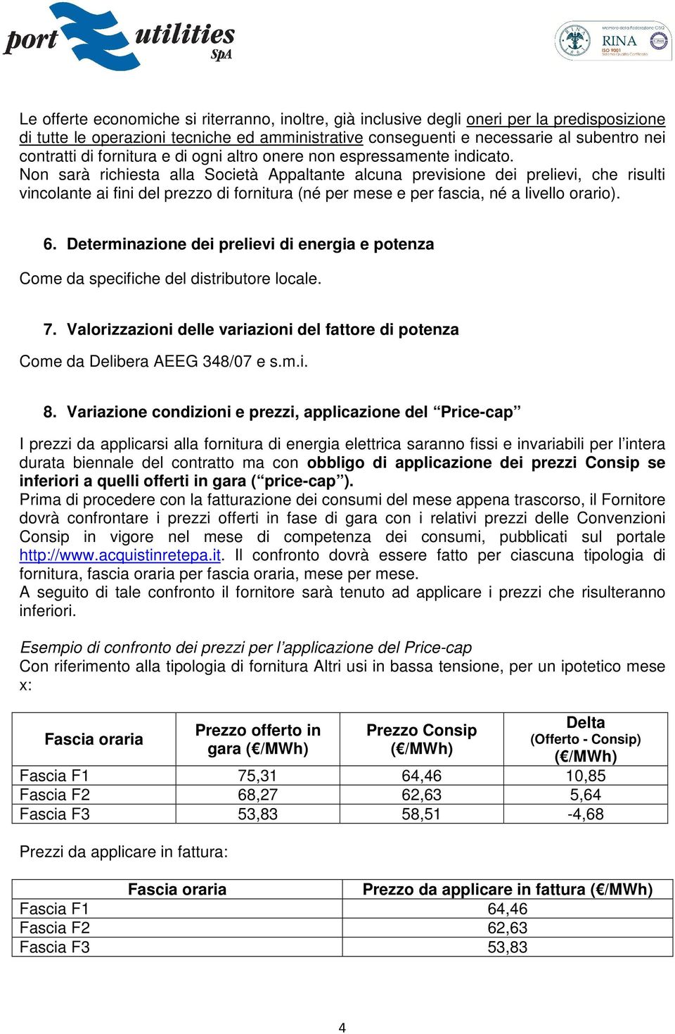 Non sarà richiesta alla Società Appaltante alcuna previsione dei prelievi, che risulti vincolante ai fini del prezzo di fornitura (né per mese e per fascia, né a livello orario). 6.