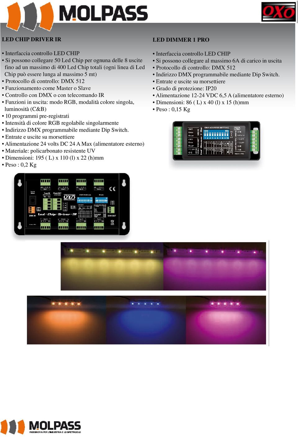 programmi pre-registrati Intensità di colore RGB regolabile singolarmente Indirizzo DMX programmabile mediante Dip Switch.