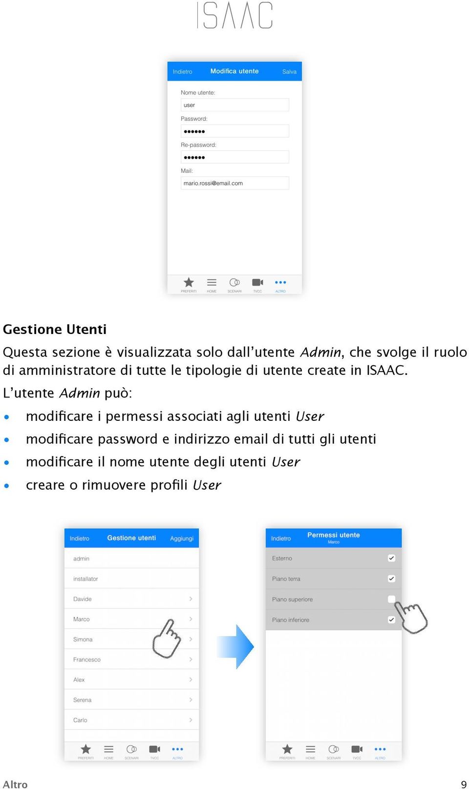 L utente Admin può: modificare i permessi associati agli utenti User modificare password e