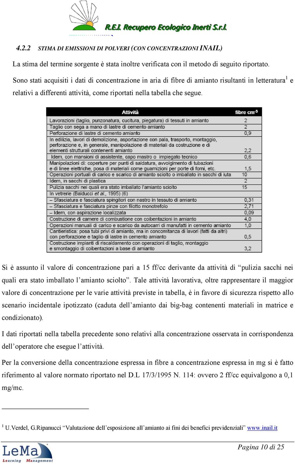 Si è assunto il valore di concentrazione pari a 15 ff/cc derivante da attività di pulizia sacchi nei quali era stato imballato l amianto sciolto.