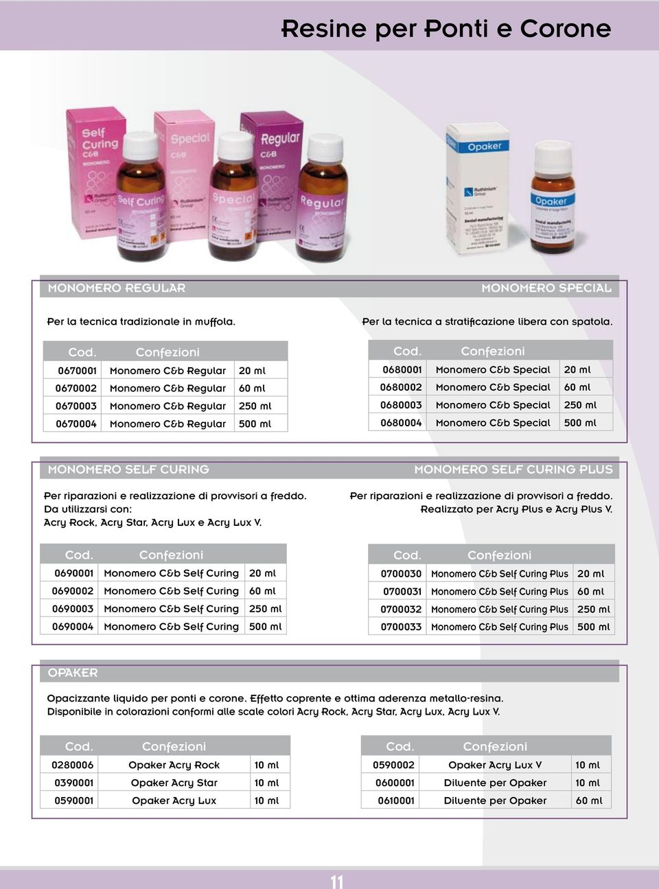 0680001 Monomero C&b Special 20 ml 0680002 Monomero C&b Special 60 ml 0680003 Monomero C&b Special 250 ml 0680004 Monomero C&b Special 500 ml MONOMERO SELF CURING Per riparazioni e realizzazione di