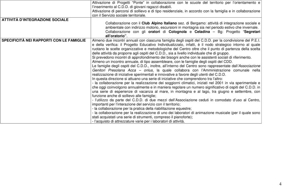 di Bergamo: attività di integrazione sociale e ambientale con indirizzo motorio, escursioni in montagna sia nel periodo estivo che invernale.