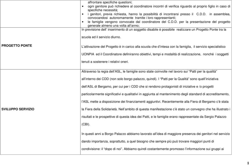 D. in assemblea, convocandosi autonomamente tramite i loro rappresentanti; le famiglie vengono convocate dal coordinatore del C.D.D. per la presentazione del progetto generale almeno una volta all