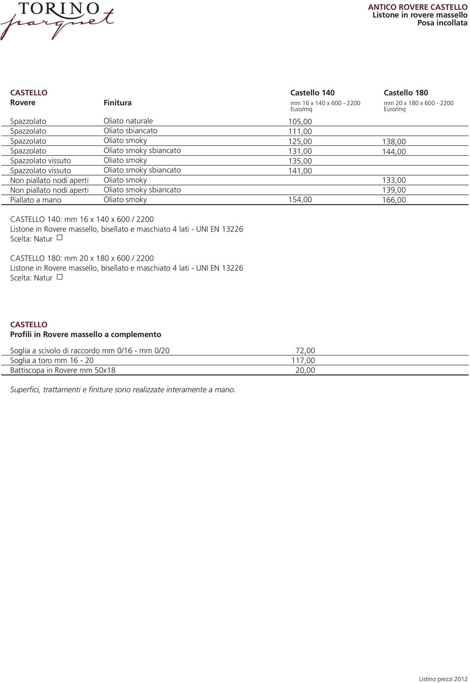 x 180 x 600 / 2200 Listone in massello, bisellato e maschiato 4 lati - UNI EN 13226 Scelta: 105,00 111,00 125,00 131,00 135,00 141,00 154,00 mm 20 x 180 x 600-2200 138,00 144,00 133,00 139,00 166,00