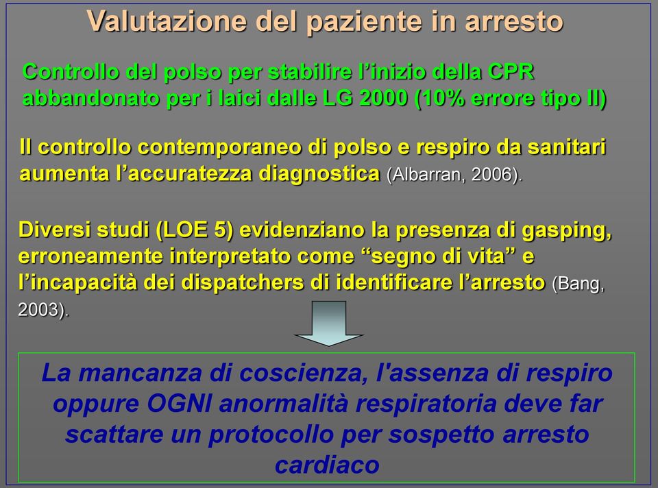 Diversi studi (LOE 5) evidenziano la presenza di gasping, erroneamente interpretato come segno di vita e l incapacità dei dispatchers di