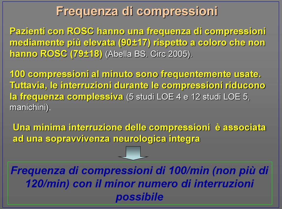 Tuttavia, le interruzioni durante le compressioni riducono la frequenza complessiva (5 studi LOE 4 e 12 studi LOE 5, manichini).