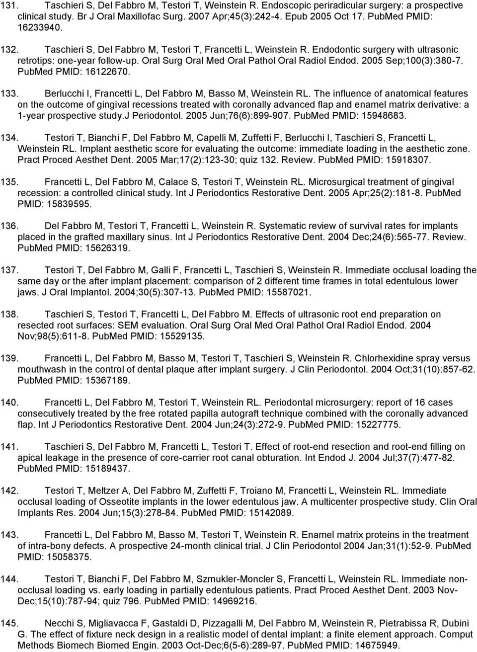 Oral Surg Oral Med Oral Pathol Oral Radiol Endod. 2005 Sep;100(3):380-7. PubMed PMID: 16122670. 133. Berlucchi I, Francetti L, Del Fabbro M, Basso M, Weinstein RL.