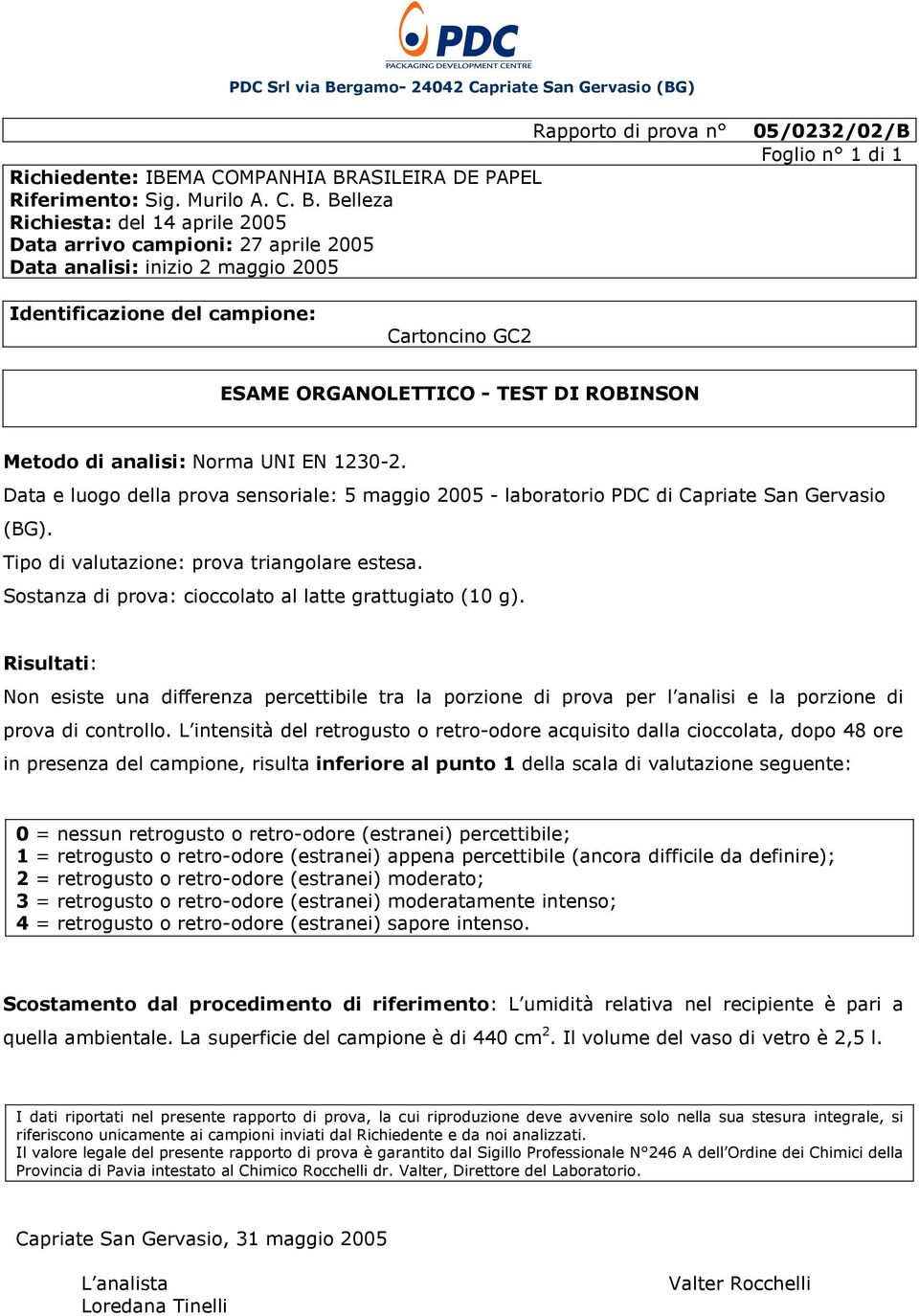 Belleza Richiesta: del 14 aprile 2005 Data arrivo campioni: 27 aprile 2005 Data analisi: inizio 2 maggio 2005 Rapporto di prova n 05/0232/02/B Foglio n 1 di 1 Identificazione del campione: Cartoncino