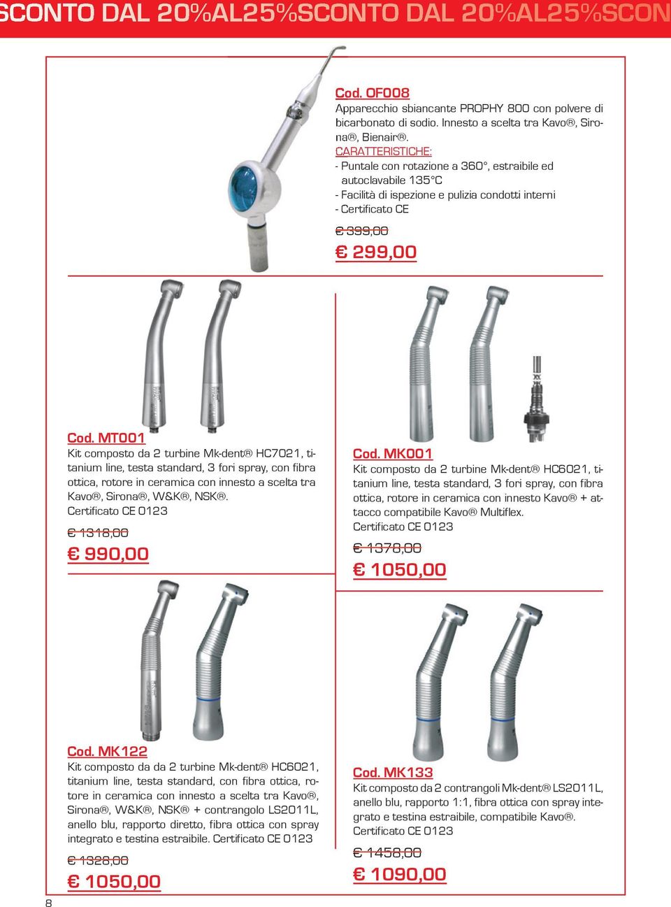 MT001 Kit composto da 2 turbine Mk-dent HC7021, titanium line, testa standard, 3 fori spray, con fibra ottica, rotore in ceramica con innesto a scelta tra Kavo, Sirona, W&K, NSK.