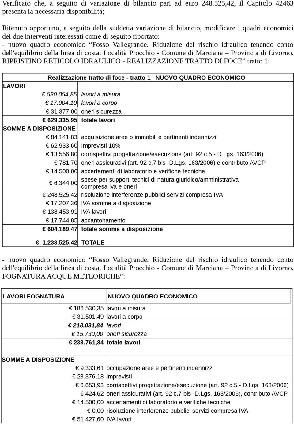 di seguito riportato: - nuovo quadro economico Fosso Vallegrande. Riduzione del rischio idraulico tenendo conto dell'equilibrio della linea di costa.