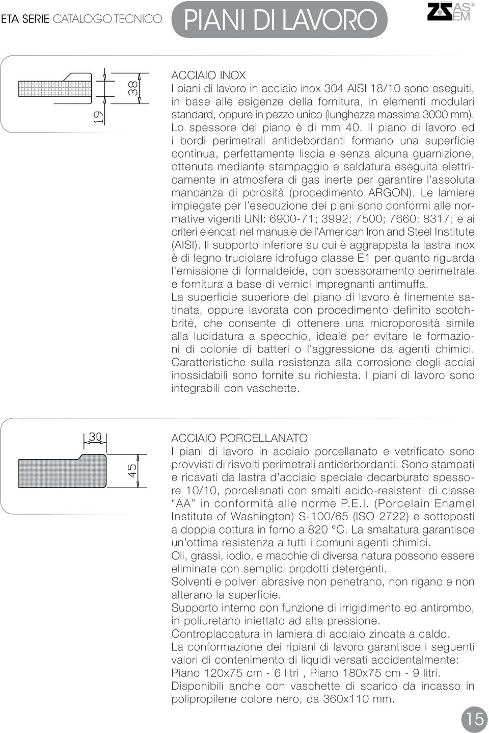 Il piano di lavoro ed i bordi perimetrali antidebordanti formano una superficie continua, perfettamente liscia e senza alcuna guarnizione, ottenuta mediante stampaggio e saldatura eseguita