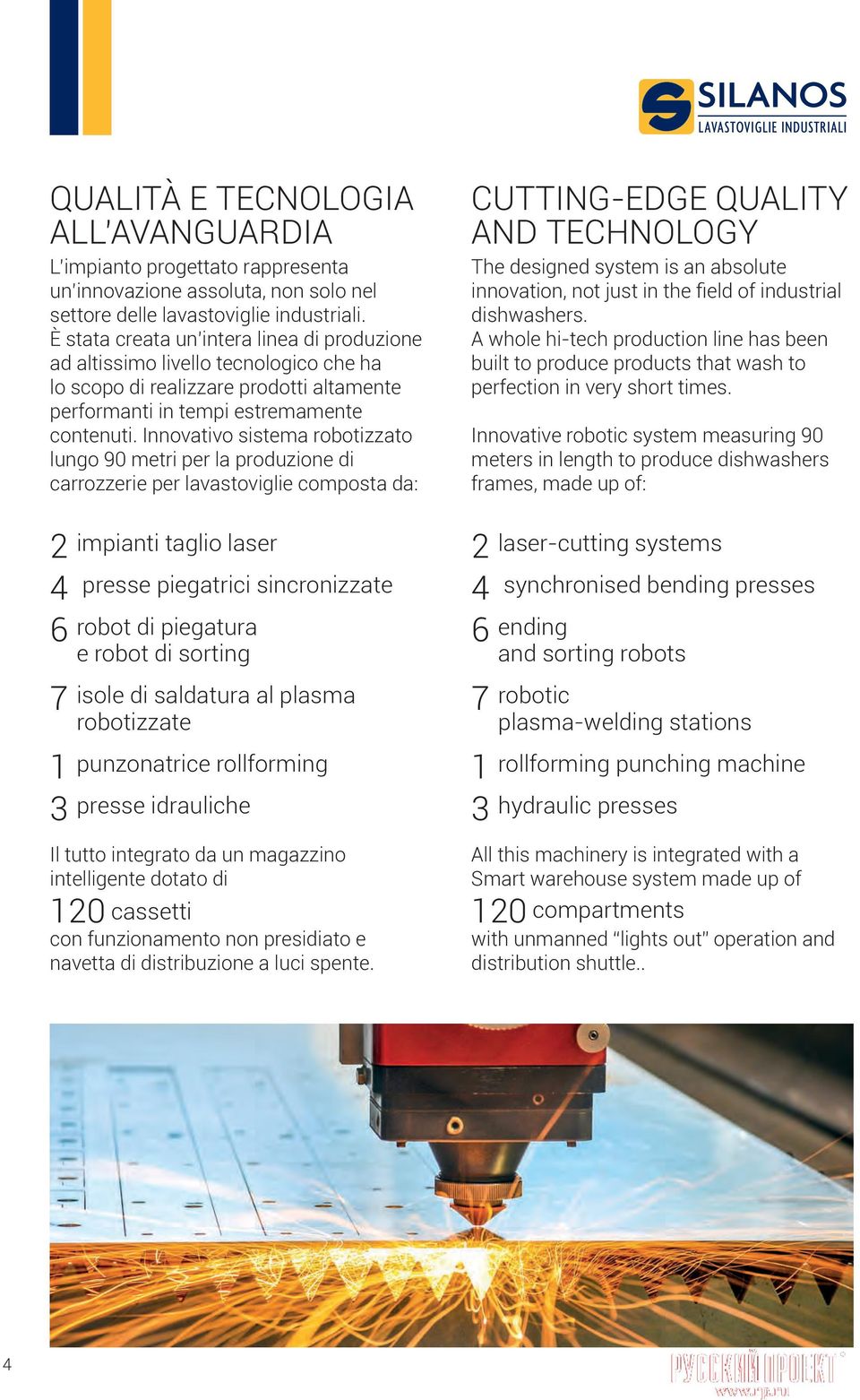 Innovativo sistema robotizzato lungo 90 metri per la produzione di carrozzerie per lavastoviglie composta da: 2 4 6 7 1 3 impianti taglio laser presse piegatrici sincronizzate robot di piegatura e