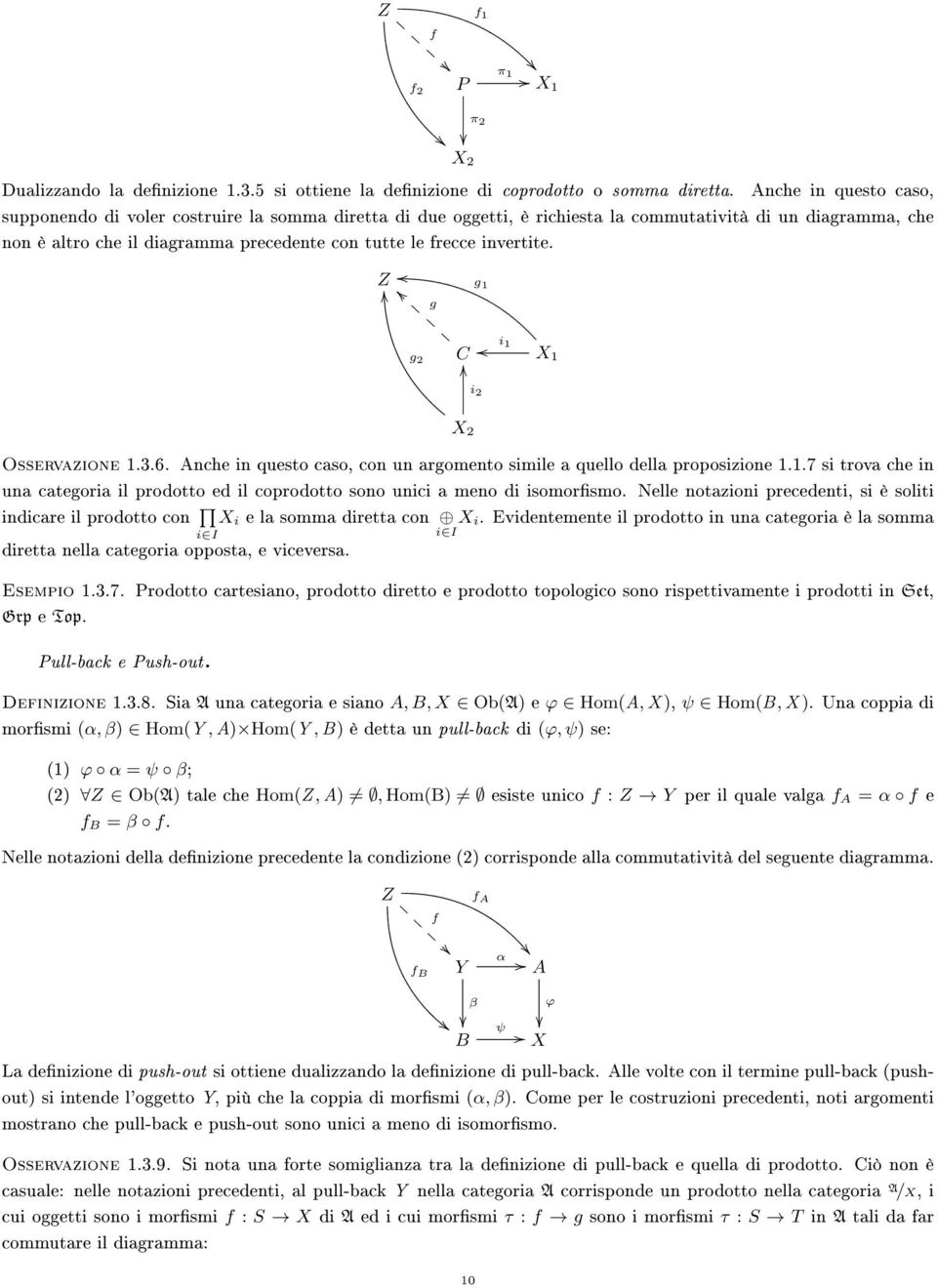 invertite. Z g C g 2 π 2 g 1 i 2 i 1 X 1 X 2 Osservazione 1.3.6. Anche in questo caso, con un argomento simile a quello della proposizione 1.1.7 si trova che in una categoria il prodotto ed il coprodotto sono unici a meno di isomorsmo.