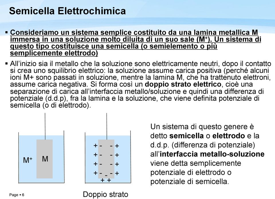 squilibrio elettrico: la soluzione assume carica positiva (perché alcuni ioni M+ sono passati in soluzione, mentre la lamina M, che ha trattenuto elettroni, assume carica negativa.