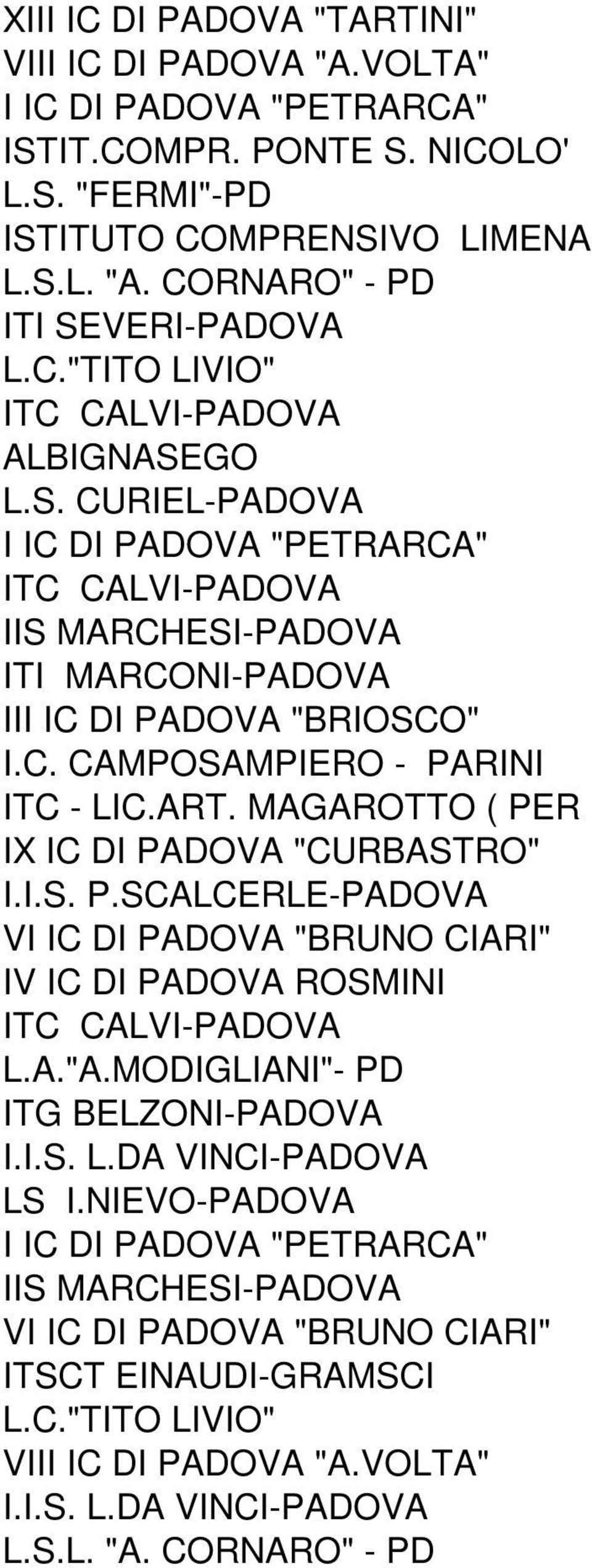 CORNARO" - PD ITI SEVERI-PADOVA ITC CALVI-PADOVA ALBIGNASEGO ITC CALVI-PADOVA IIS MARCHESI-PADOVA ITI MARCONI-PADOVA III IC DI PADOVA "BRIOSCO" I.C. CAMPOSAMPIERO - PARINI ITC - LIC.