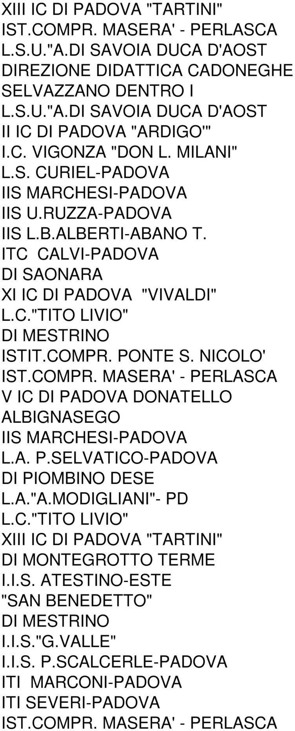 NICOLO' IST.COMPR. MASERA' - PERLASCA V IC DI PADOVA DONATELLO ALBIGNASEGO IIS MARCHESI-PADOVA L.A. P.SELVATICO-PADOVA DI PIOMBINO DESE L.A."A.