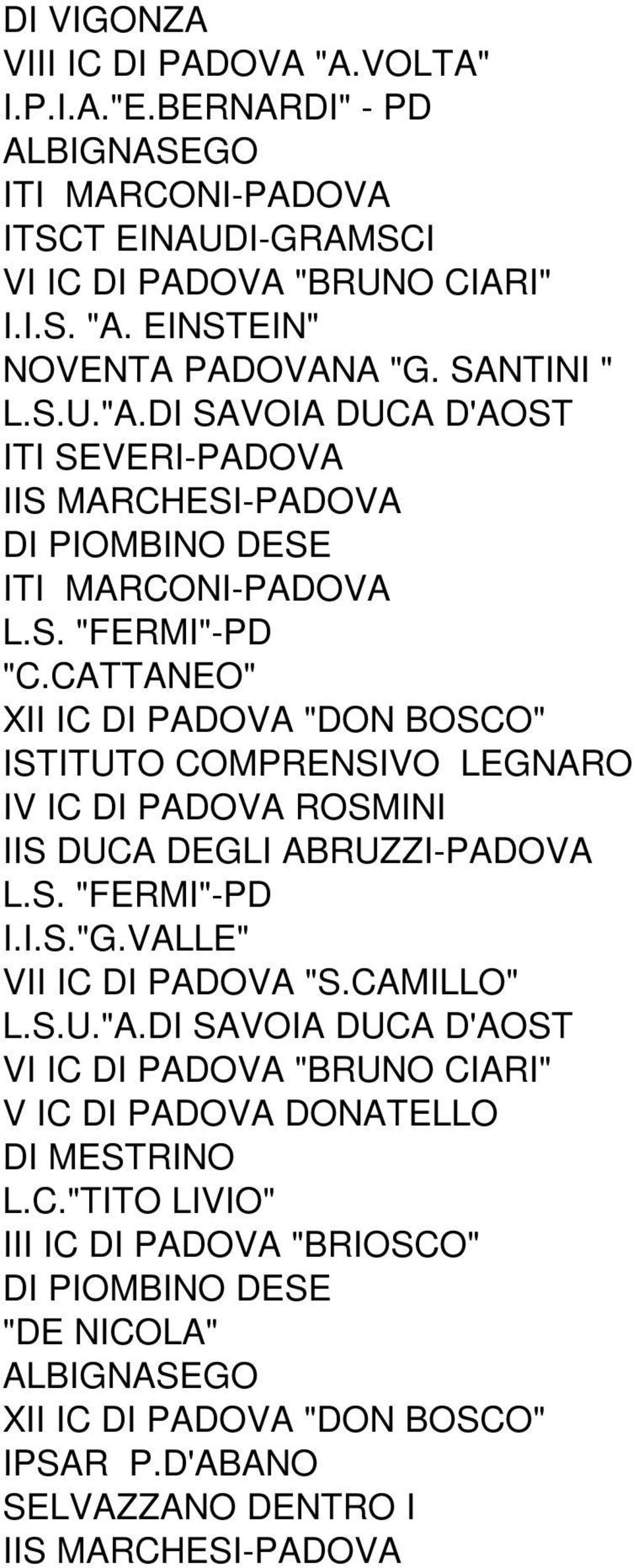CATTANEO" XII IC DI PADOVA "DON BOSCO" ISTITUTO COMPRENSIVO LEGNARO IV IC DI PADOVA ROSMINI IIS DUCA DEGLI ABRUZZI-PADOVA I.I.S."G.VALLE" VII IC DI PADOVA "S.CAMILLO" L.S.U."A.