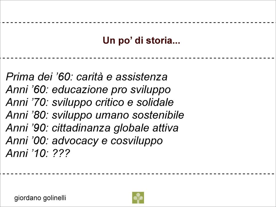 pro sviluppo Anni 70: sviluppo critico e solidale Anni 80: