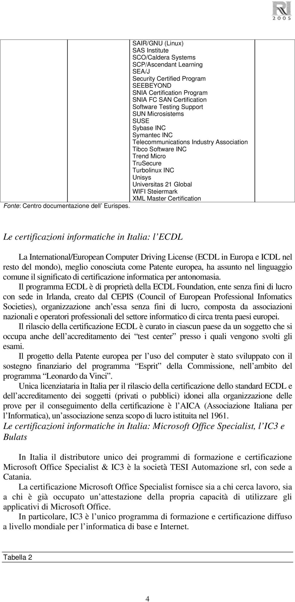 Certification Fonte: Centro documentazione dell Eurispes.