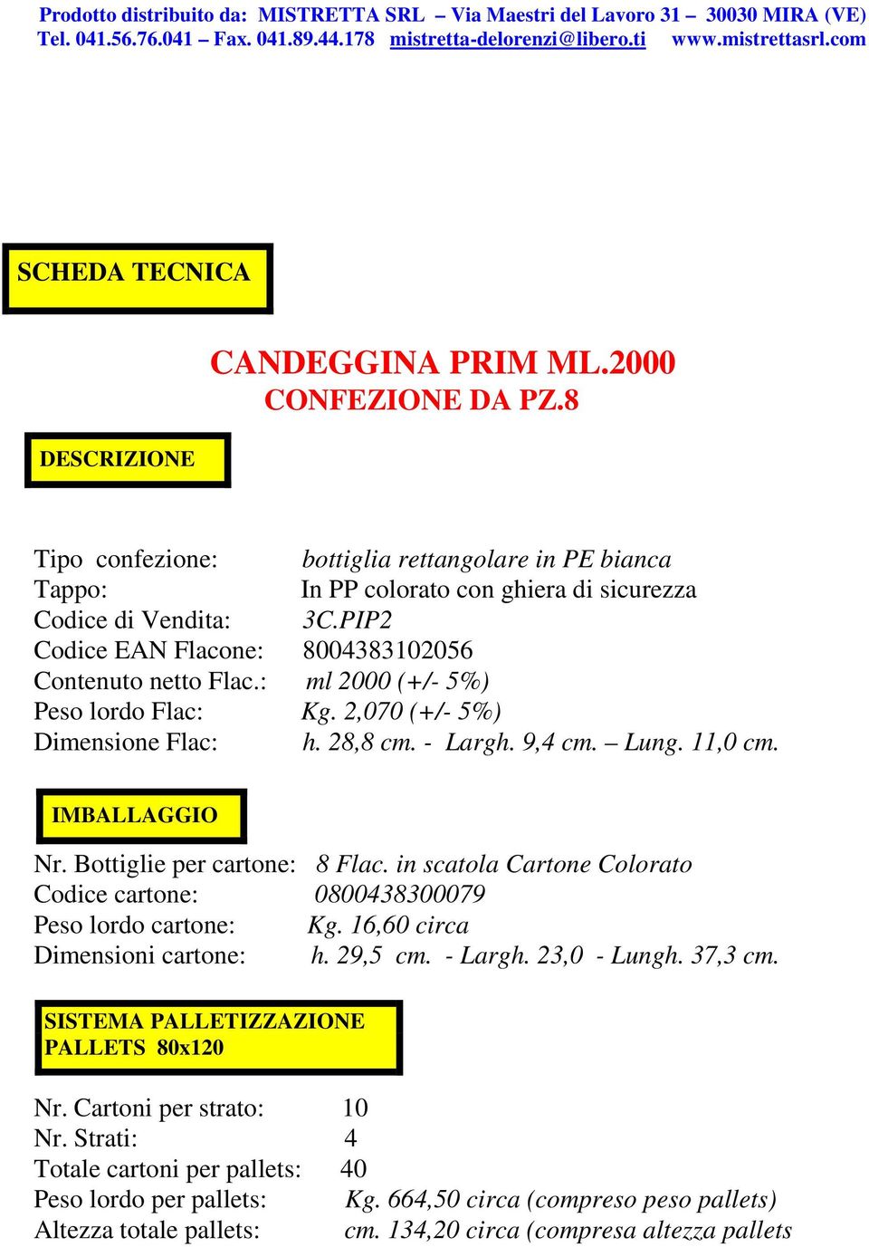 PIP2 Peso lordo Flac: Kg. 2,070 (+/- 5%) Dimensione Flac: h. 28,8 cm. - Largh. 9,4 cm. Lung. 11,0 cm. IMBALLAGGIO Nr. Bottiglie per cartone: 8 Flac.