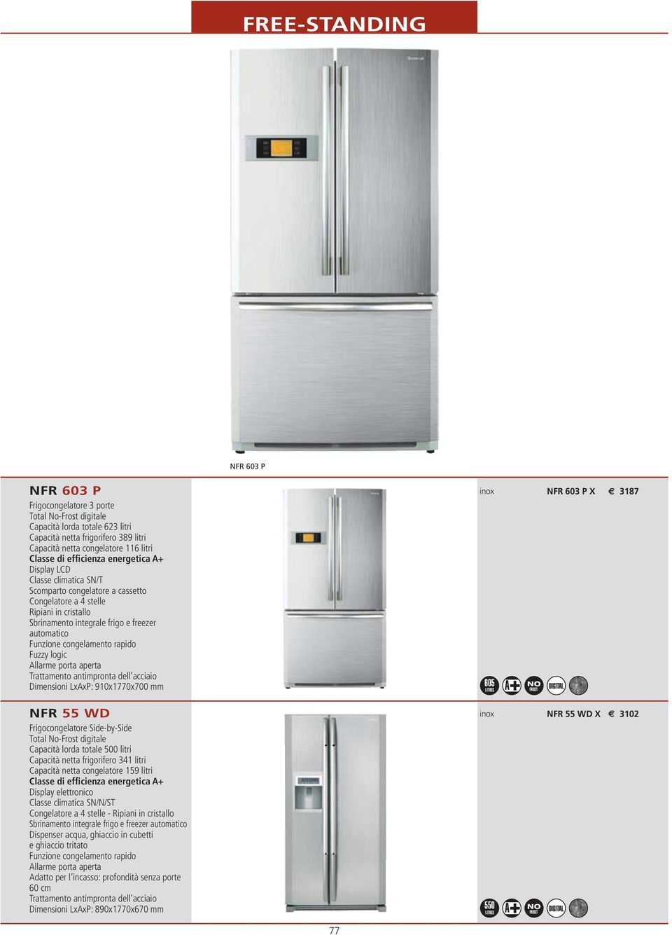 NFR 55 WD Frigocongelatore Side-by-Side Total No-Frost digitale Capacità lorda totale 500 litri Capacità netta frigorifero 341 litri Capacità netta congelatore 159 litri Classe di efficienza