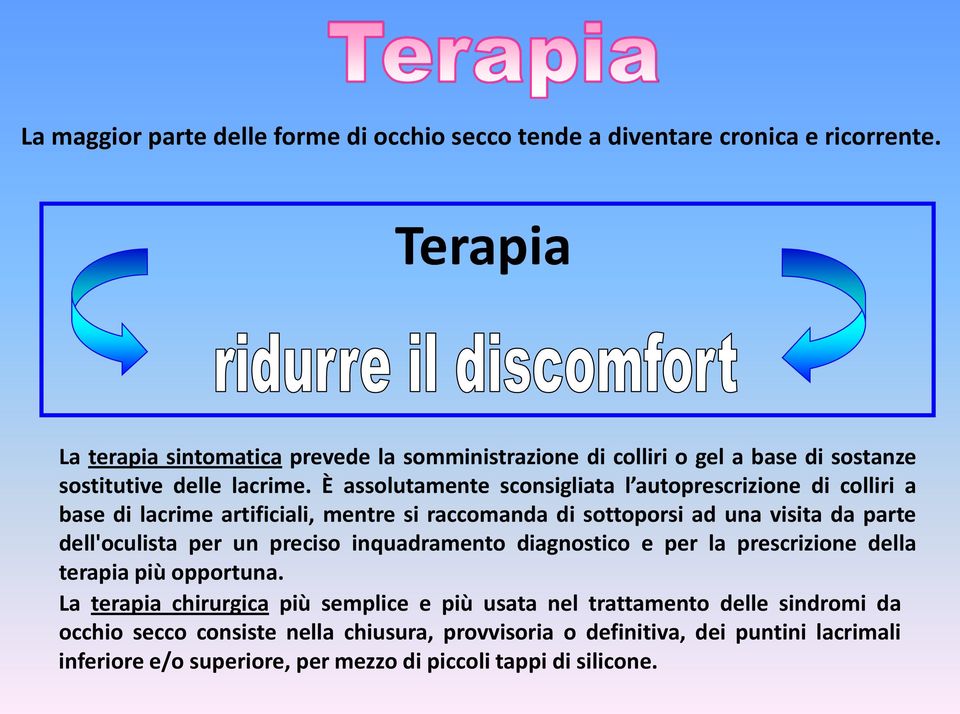 È assolutamente sconsigliata l autoprescrizione di colliri a base di lacrime artificiali, mentre si raccomanda di sottoporsi ad una visita da parte dell'oculista per un