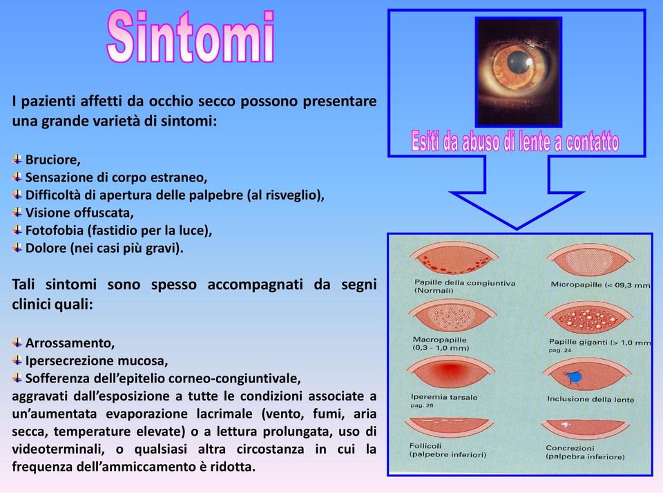 Tali sintomi sono spesso accompagnati da segni clinici quali: Arrossamento, Ipersecrezione mucosa, Sofferenza dell epitelio corneo-congiuntivale, aggravati dall