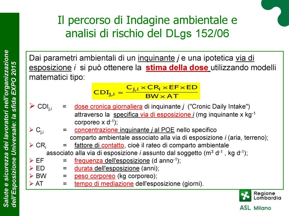 inquinante x kg -1 corporeo x d -1 ); C j,i = concentrazione inquinante j al POE nello specifico comparto ambientale associato alla via di esposizione i (aria, terreno); CR i = fattore di contatto,