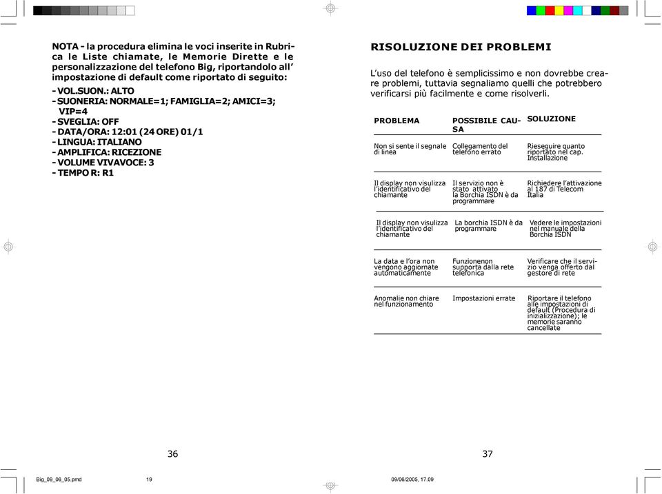 : ALTO - SUONERIA: NORMALE=1; FAMIGLIA=2; AMICI=3; VIP=4 - SVEGLIA: OFF - DATA/ORA: 12:01 (24 ORE) 01/1 - LINGUA: ITALIANO - AMPLIFICA: RICEZIONE - VOLUME VIVAVOCE: 3 - TEMPO R: R1 RISOLUZIONE DEI