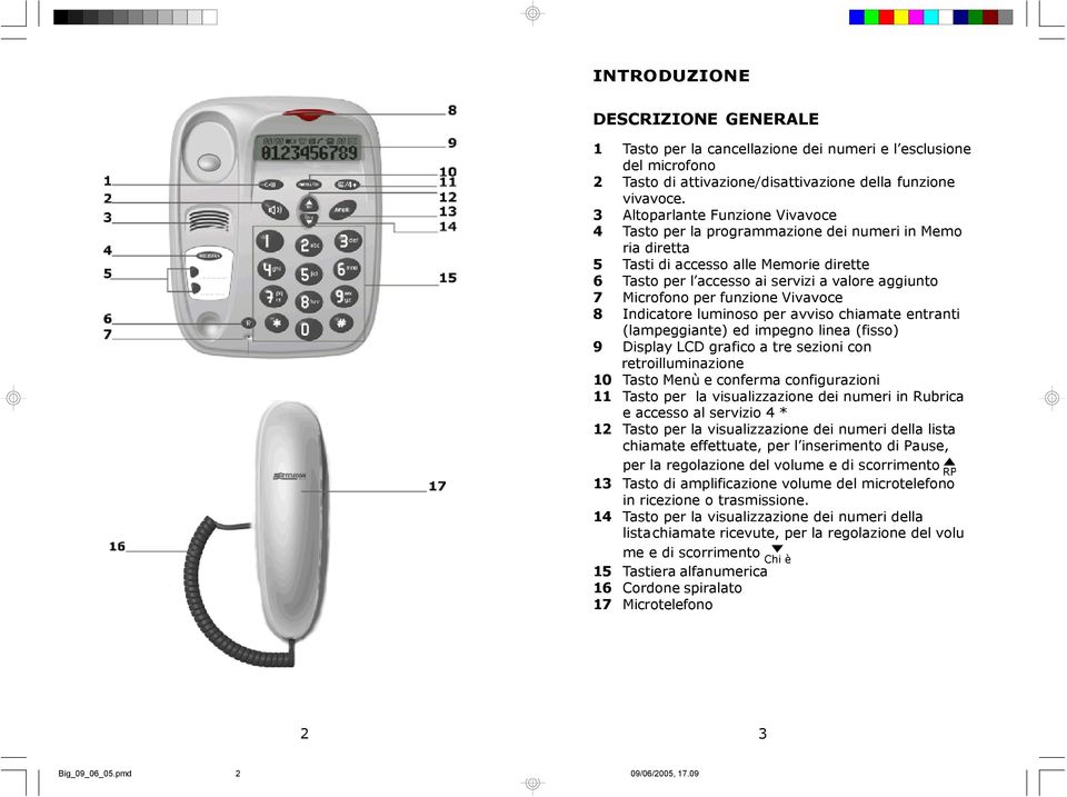 per funzione Vivavoce 8 Indicatore luminoso per avviso chiamate entranti (lampeggiante) ed impegno linea (fisso) 9 Display LCD grafico a tre sezioni con retroilluminazione 10 Tasto Menù e conferma