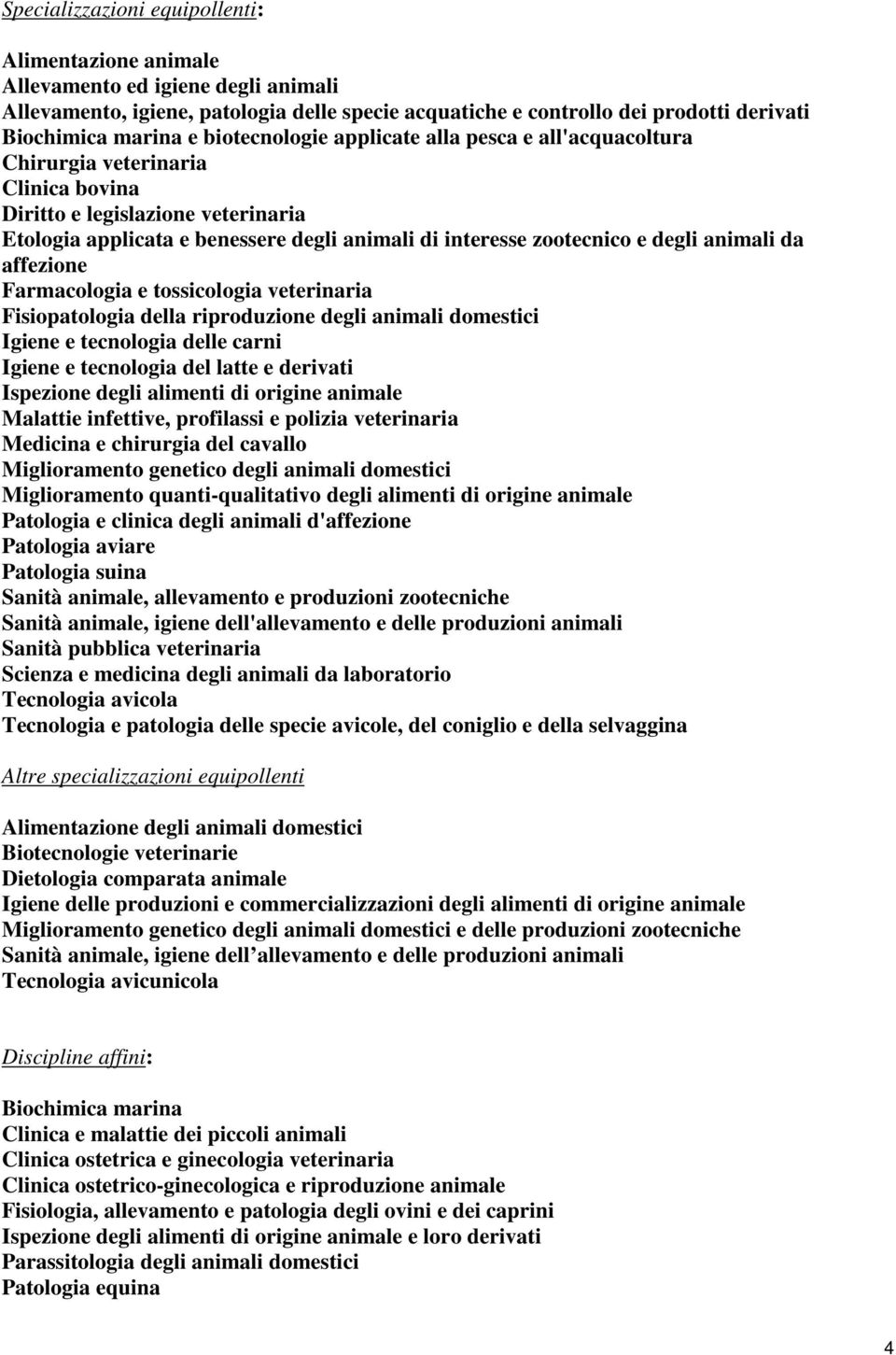 degli animali da affezione Farmacologia e tossicologia veterinaria Fisiopatologia della riproduzione degli animali domestici Igiene e tecnologia delle carni Igiene e tecnologia del latte e derivati