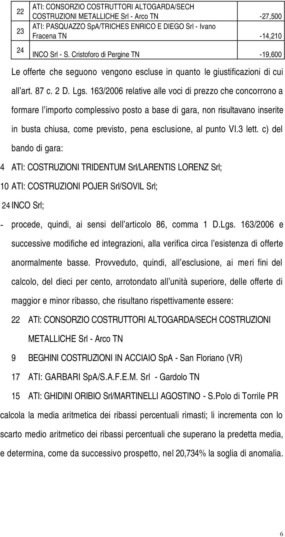 163/2006 relative alle voci di prezzo che concorrono a formare l importo complessivo posto a base di gara, non risultavano inserite in busta chiusa, come previsto, pena esclusione, al punto VI.3 lett.