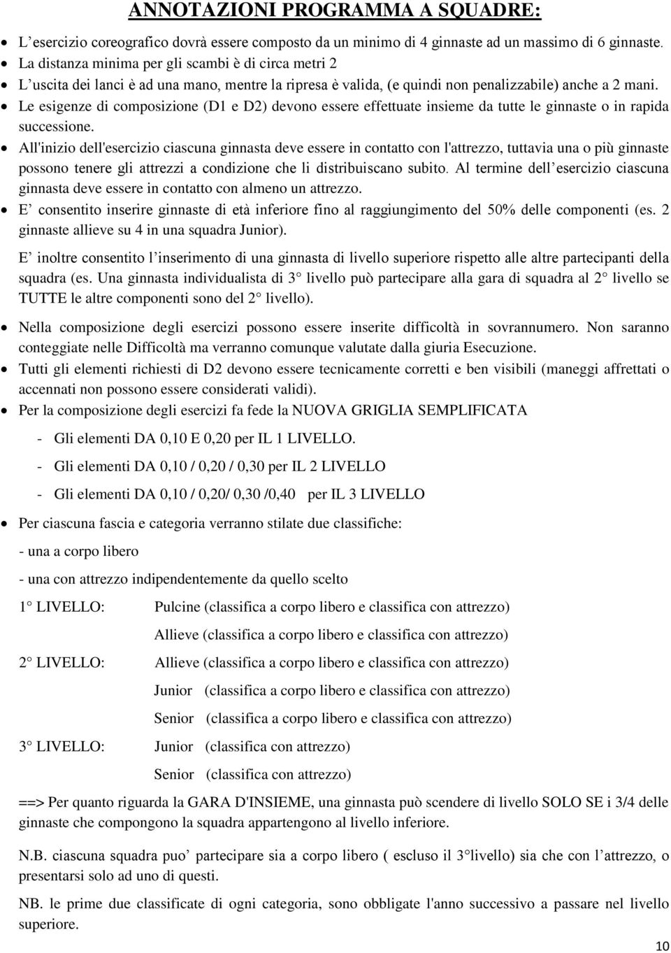 Le esigenze di composizione (D1 e D2) devono essere effettuate insieme da tutte le ginnaste o in rapida successione.