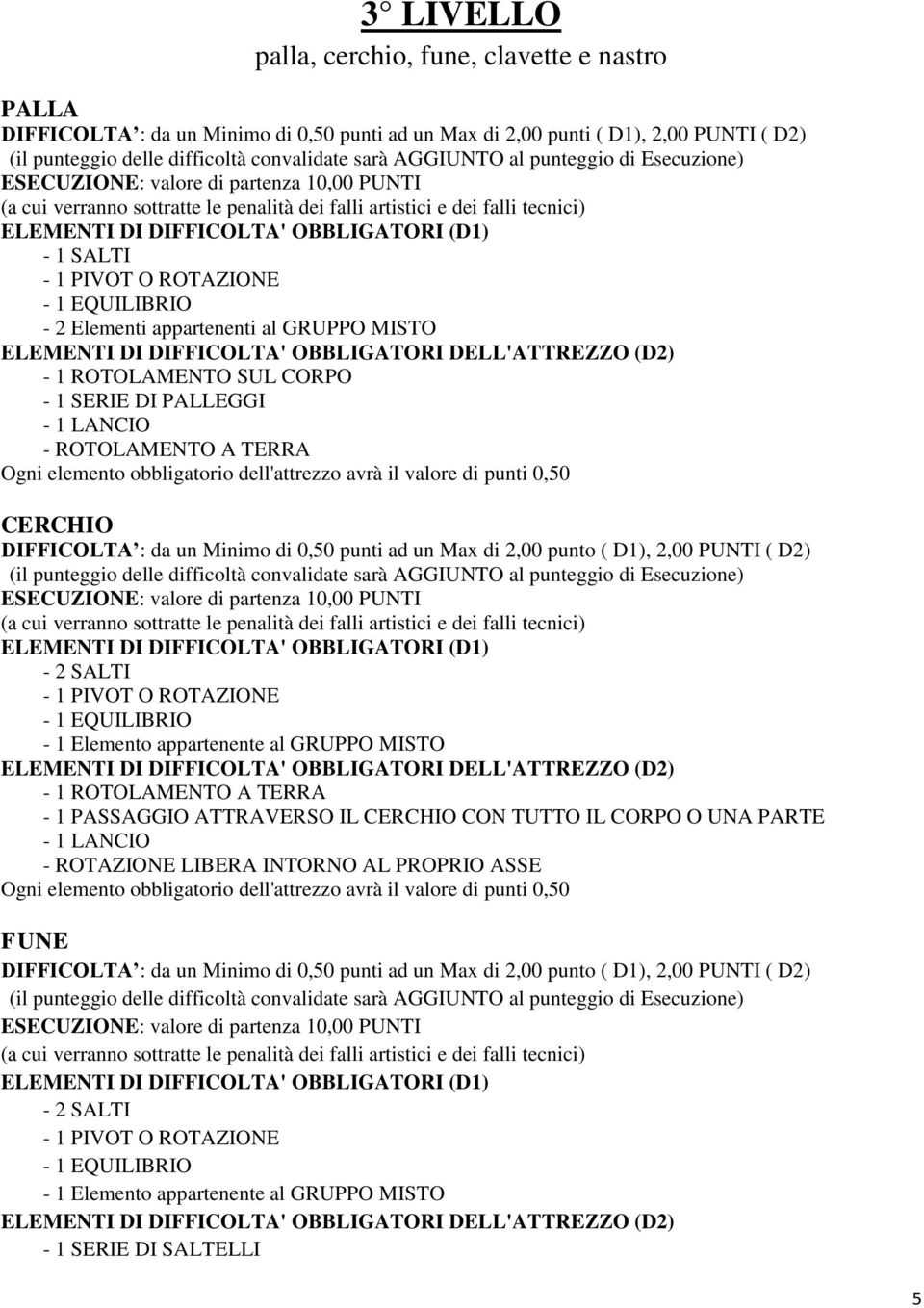 di 0,50 punti ad un Max di 2,00 punto ( D1), 2,00 PUNTI ( D2) - 1 ROTOLAMENTO A TERRA - 1 PASSAGGIO ATTRAVERSO IL CERCHIO CON TUTTO IL CORPO O UNA PARTE