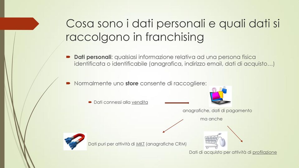 dati di acquisto ) Normalmente uno store consente di raccogliere: Dati connessi alla vendita anagrafiche,