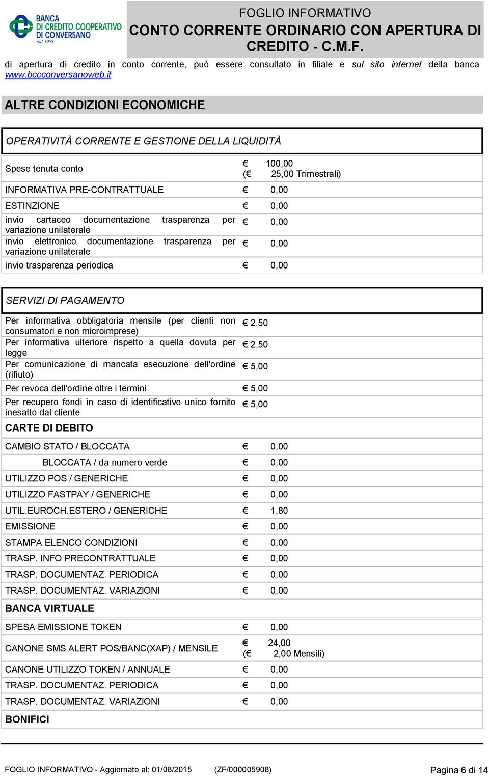 variazione unilaterale invio elettronico documentazione trasparenza per variazione unilaterale 100,00 ( 25,00 Trimestrali) 0,00 0,00 invio trasparenza periodica 0,00 SERVIZI DI PAGAMENTO Per