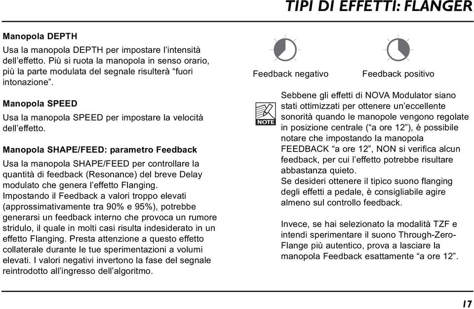 Manopola SHAPE/FEED: parametro Feedback Usa la manopola SHAPE/FEED per controllare la quantità di feedback (Resonance) del breve Delay modulato che genera l effetto Flanging.