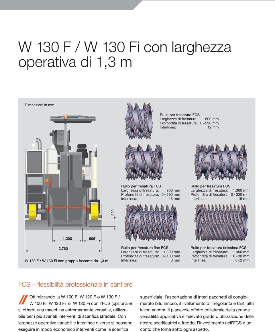 760 W 130 F / W 130 Fi con gruppo fresante da 1,3 m Rullo per fresatura fine FCS Larghezza di fresatura: 1.