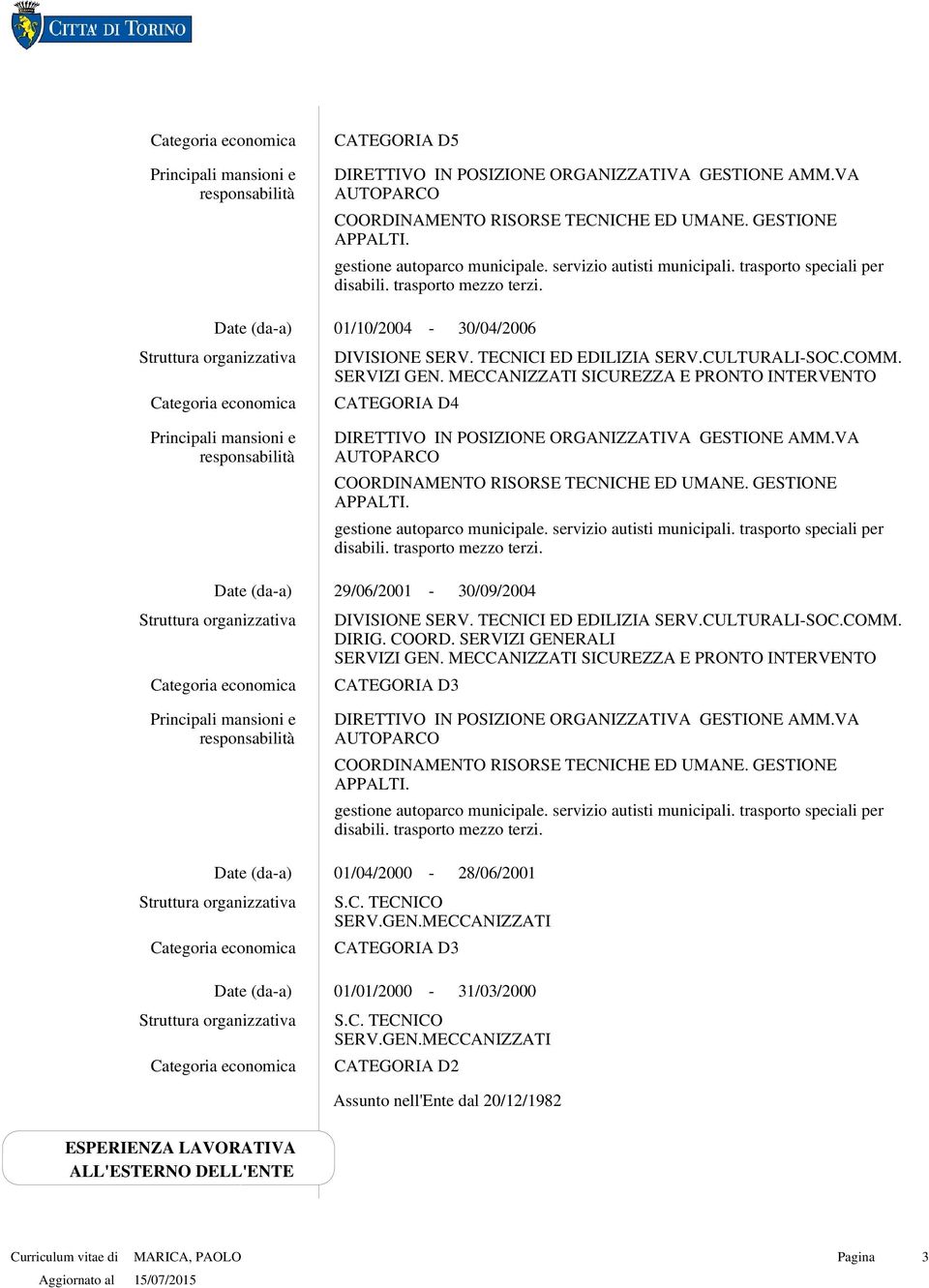 MECCANIZZATI SICUREZZA E PRONTO INTERVENTO CATEGORIA D4  30/09/ DIVISIONE SERV. TECNICI ED EDILIZIA SERV.CULTURALISOC.COMM. DIRIG. COORD. SERVIZI GENERALI SERVIZI GEN.