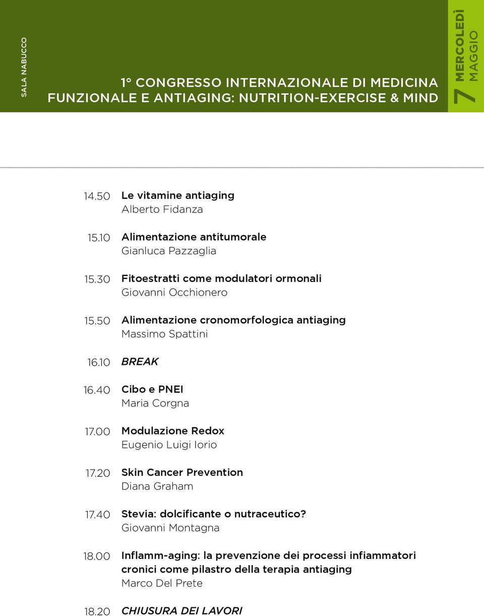 20 Le vitamine antiaging Alberto Fidanza Alimentazione antitumorale Gianluca Pazzaglia Fitoestratti come modulatori ormonali Giovanni Occhionero Alimentazione