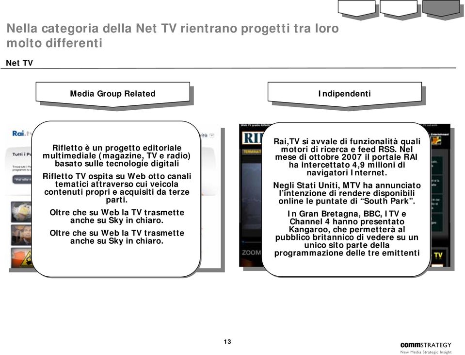 Oltre che su Web la TV trasmette anche su Sky in chiaro. Oltre che su Web la TV trasmette anche su Sky in chiaro. Rai,TV si avvale di funzionalità quali motori di ricerca e feed RSS.